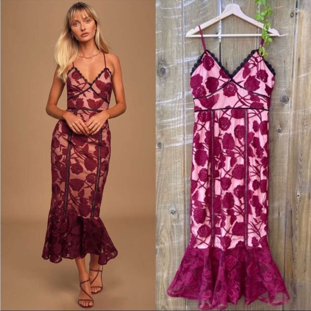 🌿 Burgundy Floral Mesh Lace Trumpet Midi Dress 🌿